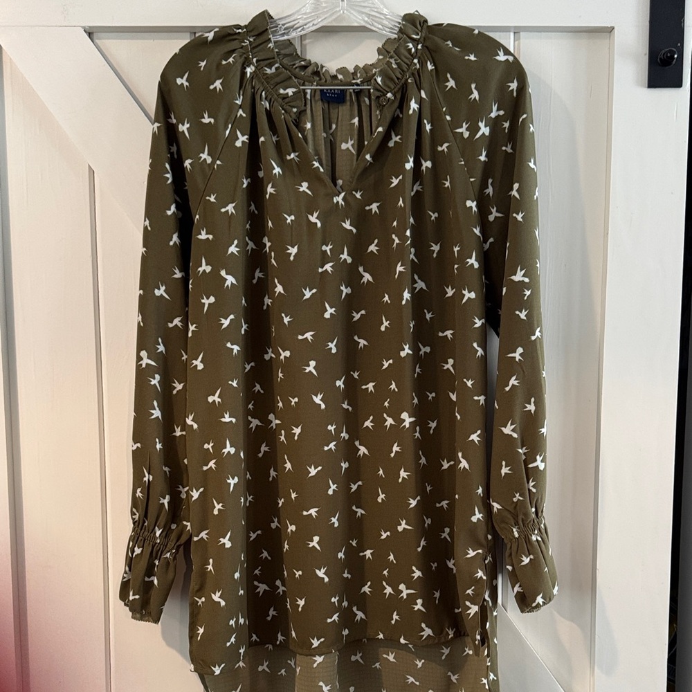Chic Olive Bird Pattern Blouse